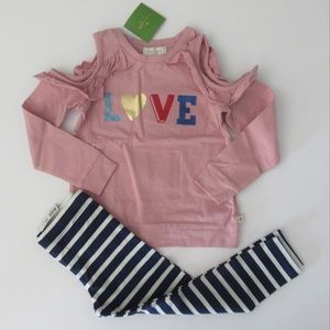 Kate Spade New York Long Sleeve Cold Shoulder "LOVE" Top Navy Striped Leggings